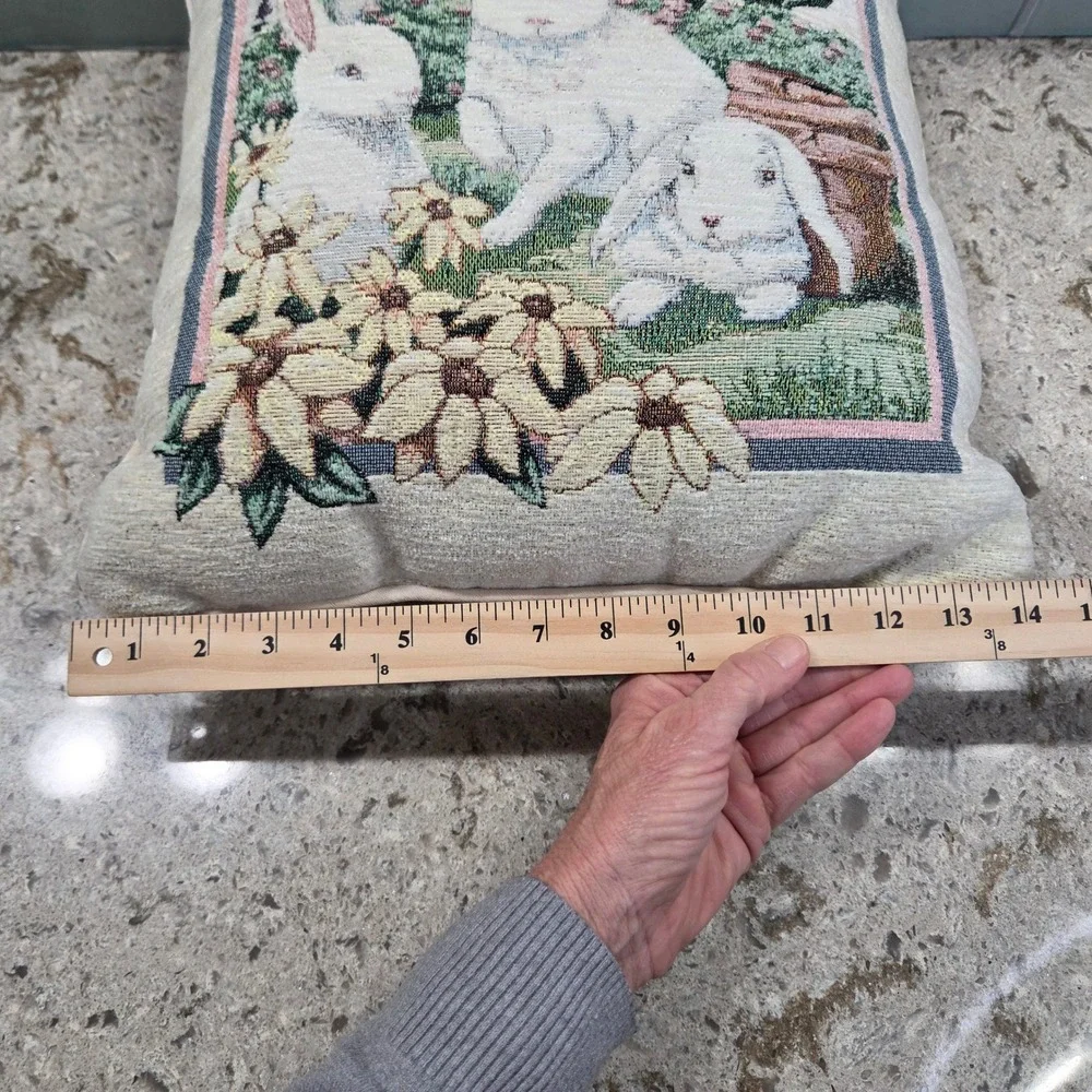 Vintage Woven Tapestry Bunny Rabbit Garden Throw Pillow Easter Cottagecore Decor